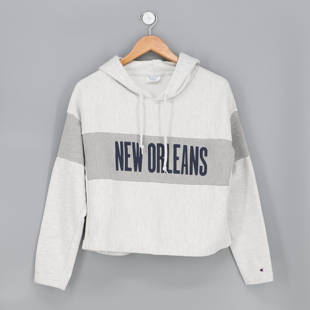 CHAMPION Reverse Weave "NEW ORLEANS" Two Tone Gray Hoodie Cropped Size M